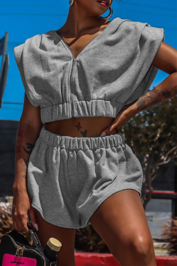 Grey Casual Solid Patchwork Hooded Collar Short Sleeve Two Pieces