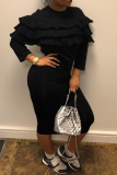 Black Casual Solid Patchwork O Neck Wrapped Skirt Dresses