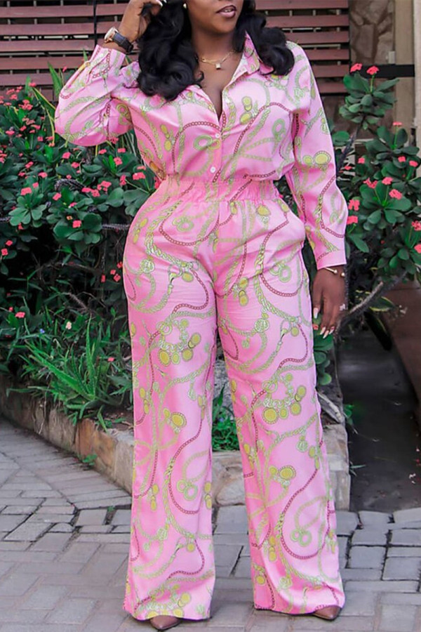 Pink Fashion Casual Print Basic Turndown Collar Regular Jumpsuits