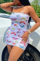 White Fashion Sexy Butterfly Print Backless Strapless Sleeveless Dress