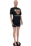 White Sexy Twilled Satin Print Ripped O Neck Short Sleeve Regular Sleeve Regular Two Pieces