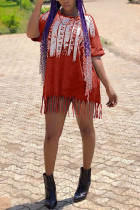 Red Sexy Casual Blends Letter Patchwork Print Tassel Patchwork Basic O Neck Short Sleeve Mini T-shirt Dress Dresses