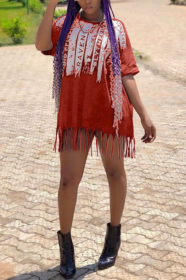 Red Sexy Casual Blends Letter Patchwork Print Tassel Patchwork Basic O Neck Short Sleeve Mini T-shirt Dress Dresses