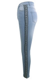Blue Denim Zipper Fly Sleeveless Mid Solid Patchwork pencil Pants Pants