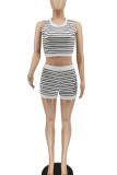 White Casual Striped Print Patchwork O Neck Sleeveless Two Pieces