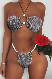 Black Sexy Patchwork Hot Drilling Pearl Swimwears