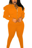 Orange Active Casual Patchwork Solid pencil Puff sleeve Two Pieces