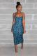 Blue Fashion adult Sexy Spaghetti Strap Sleeveless Slip Step Skirt Mid-Calf Print hollow out Le