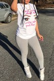 Grey Fashion Casual Print Basic O Neck T-Shirts