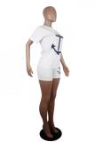 White Fashion Casual Patchwork Print Short Sleeve Two Pieces