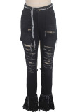 Black Denim Zipper Fly Button Fly High washing Hole Zippered Pocket Boot Cut Pants Pants