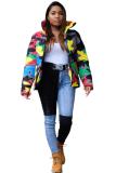 Green Turtleneck Camouflage Print Zippered Patchwork Spandex Print Long Sleeve Blazer & Suits &Jacket