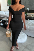Black Elegant Solid Patchwork Fold Square Collar Pencil Skirt Dresses