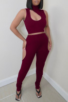 Burgundy Sexy Casual Solid Hollowed Out Turtleneck Sleeveless Two Pieces