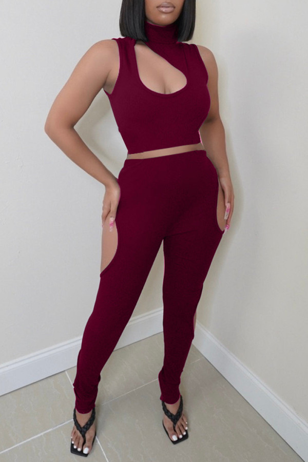 Burgundy Sexy Casual Solid Hollowed Out Turtleneck Sleeveless Two Pieces