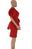Black adult Fashion Sexy asymmetrical Solid Bandage Patchwork pencil Short Sleeve Two-Piece Dre