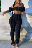 Black Fashion Sexy adult Patchwork Solid backless Draped Bandage Two Piece Suits pencil Nine Sleeves Two Pieces