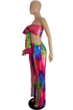Blue Orange Fashion Sexy Print Tie Dye Backless Slit Strapless Sleeveless Two Pieces
