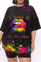 Black Casual Print Patchwork O Neck Plus Size Two Pieces