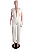 Cream White Casual Fashion Backless bandage Hollow Asymmetrical Solid Sleeveless V Neck Jumpsuits