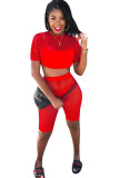 Red Casual adult Fashion Mesh Patchwork Three-Piece Suits Solid pencil Short Sleeve Two-Piece