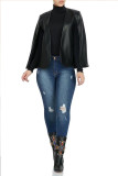 Black PU O Neck Long Sleeve Solid Long Sleeve Tops