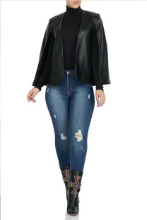 Black PU O Neck Long Sleeve Solid Long Sleeve Tops