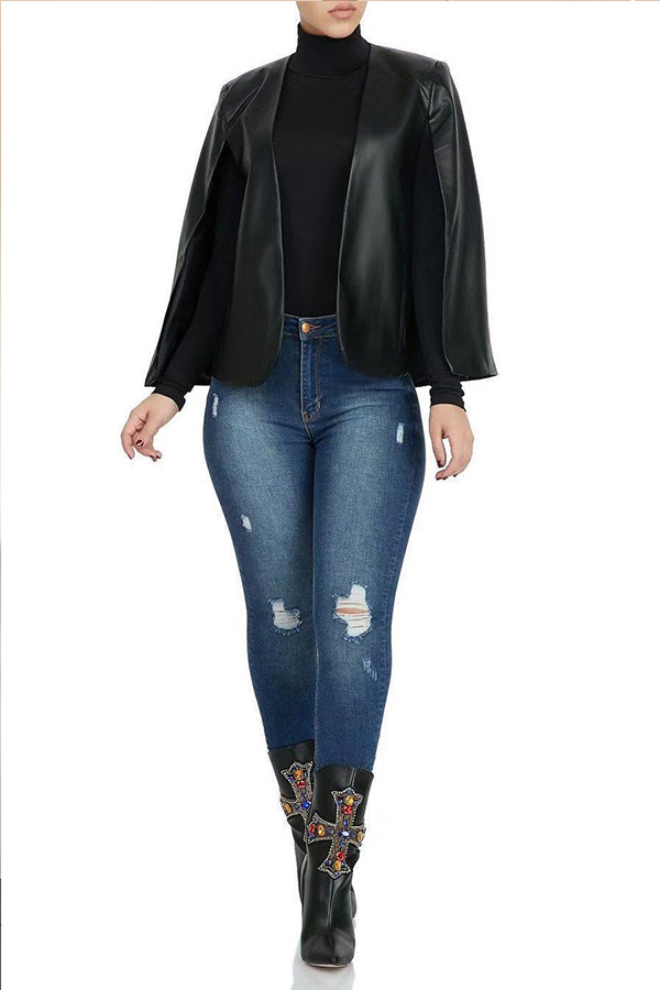 Black PU O Neck Long Sleeve Solid Long Sleeve Tops