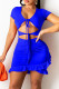 Blue Sexy Casual Solid Hollowed Out Frenulum V Neck Short Sleeve Dress