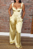Yellow Sexy Casual Solid Bandage Backless Spaghetti Strap Regular Jumpsuits