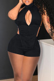 Red Fashion Sexy Solid Hollowed Out Turtleneck Sleeveless Two Pieces