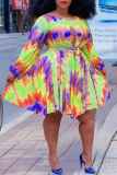 Red Casual Print Patchwork O Neck Cake Skirt Plus Size Dresses