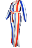 Red Casual Striped Patchwork V Neck Plus Size Jumpsuits