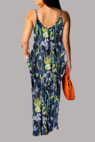 Blue Sexy Print Patchwork Spaghetti Strap Straight Dresses