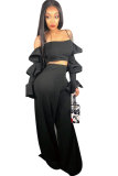 Black Fashion Sexy backless Patchwork ruffle Solid Straight Two-piece Pants Set