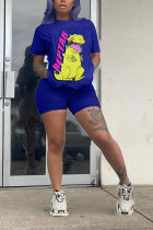 Blue Fashion adult OL Patchwork Print Character Two Piece Suits Straight Short Sleeve Two Pieces