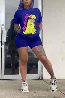 Blue Fashion adult OL Patchwork Print Character Two Piece Suits Straight Short Sleeve Two Pieces