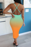 Cyan Milk. Fashion adult Ma'am Street Off The Shoulder Sleeveless Slip Step Skirt Mid-Calf Ombre backless Dresses