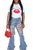 Light Blue Zipper Fly High Hole Boot Cut Pants Bottoms