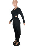 Black Sexy Solid Patchwork O Neck Long Sleeve Two Pieces