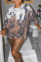 Brown O Neck Long Sleeve Print Tops