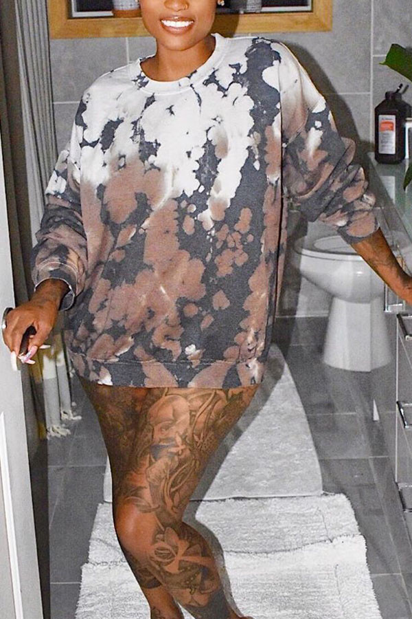 Brown O Neck Long Sleeve Print Tops