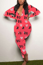 Red Living Print V Neck Skinny Jumpsuits