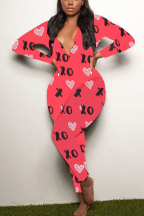 Red Living Print V Neck Skinny Jumpsuits