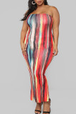 Red Sexy Print Patchwork Strapless Pencil Skirt Plus Size Dresses