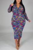 Blue Sexy Plaid Print Basic Turtleneck A Line Plus Size 