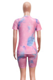 Multicolor Fashion Casual Print Basic O Neck Short Sleeve Two Pieces