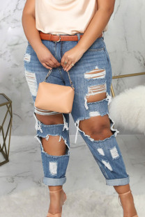 Blue Sexy Denim Solid Ripped Plus Size 