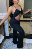 Red Fashion Sexy Solid Hollowed Out Backless V Neck Regular Jumpsuits