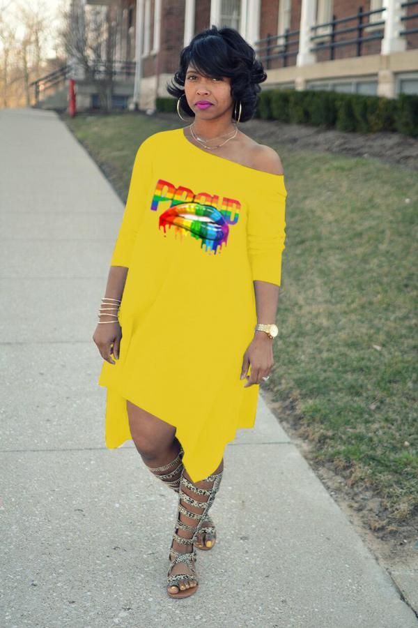 Yellow adult Fashion Sexy One Shoulder Long Sleeves one shoulder collar Swagger Mid-Calf Print Ch